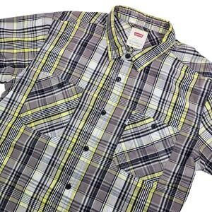Levis Mens Large Shirt Gray Yellow Plaid Short Sleeve Button Up Casual 3LYSW3292